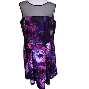 London Times Purple Watercolor Print Illusion. Neckline Sleeveless Aline Dress